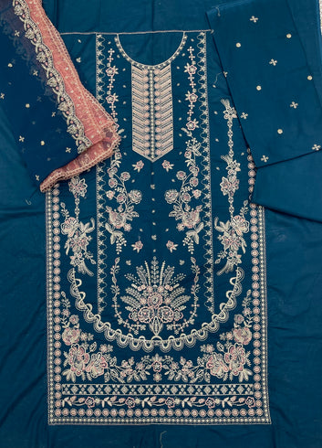 Royal Teal Blossom Embroidered Lawn 3-Piece Suit