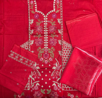 Red Floral Embroidered Lawn 3PC Suit